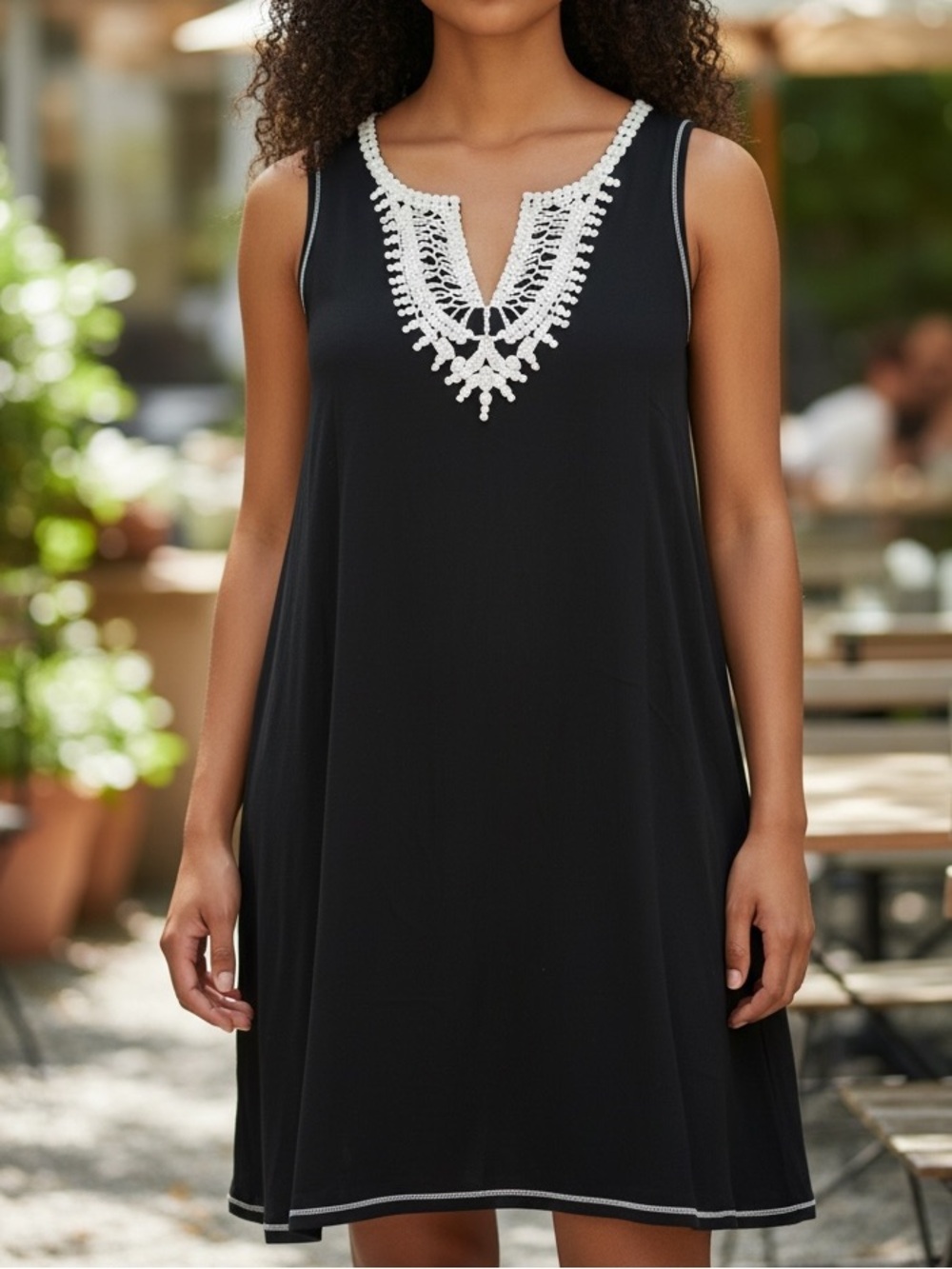 Chelsea & Theodore Black Dress with White Crochet V-Neck- mini above the knee